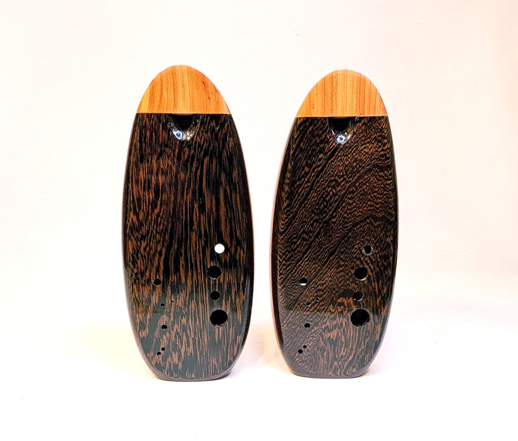 Tenor Eb4 Ocarina Set - Ribbon Stripe Sapele, Wenge, Aromatic Cedar - Front