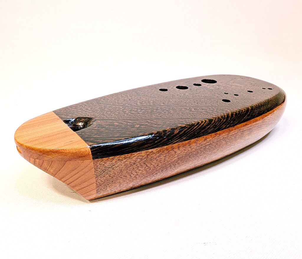 Tenor Eb4 Ocarina Set - Ribbon Stripe Sapele, Wenge, Aromatic Cedar - Side 3