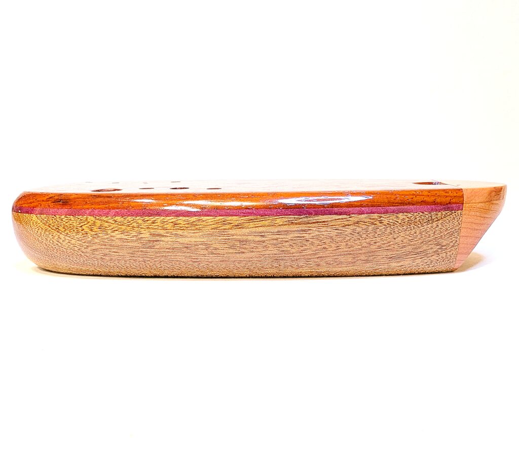 Bass C4 Ocarina - Ribbon Stripe Sapele, Purpleheart, Padauk, Aromatic Cedar - Side 1