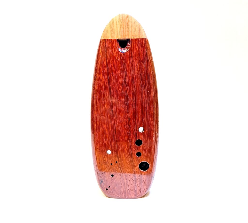Bass C4 Ocarina - Ribbon Stripe Sapele, Purpleheart, Padauk, Aromatic Cedar - Front