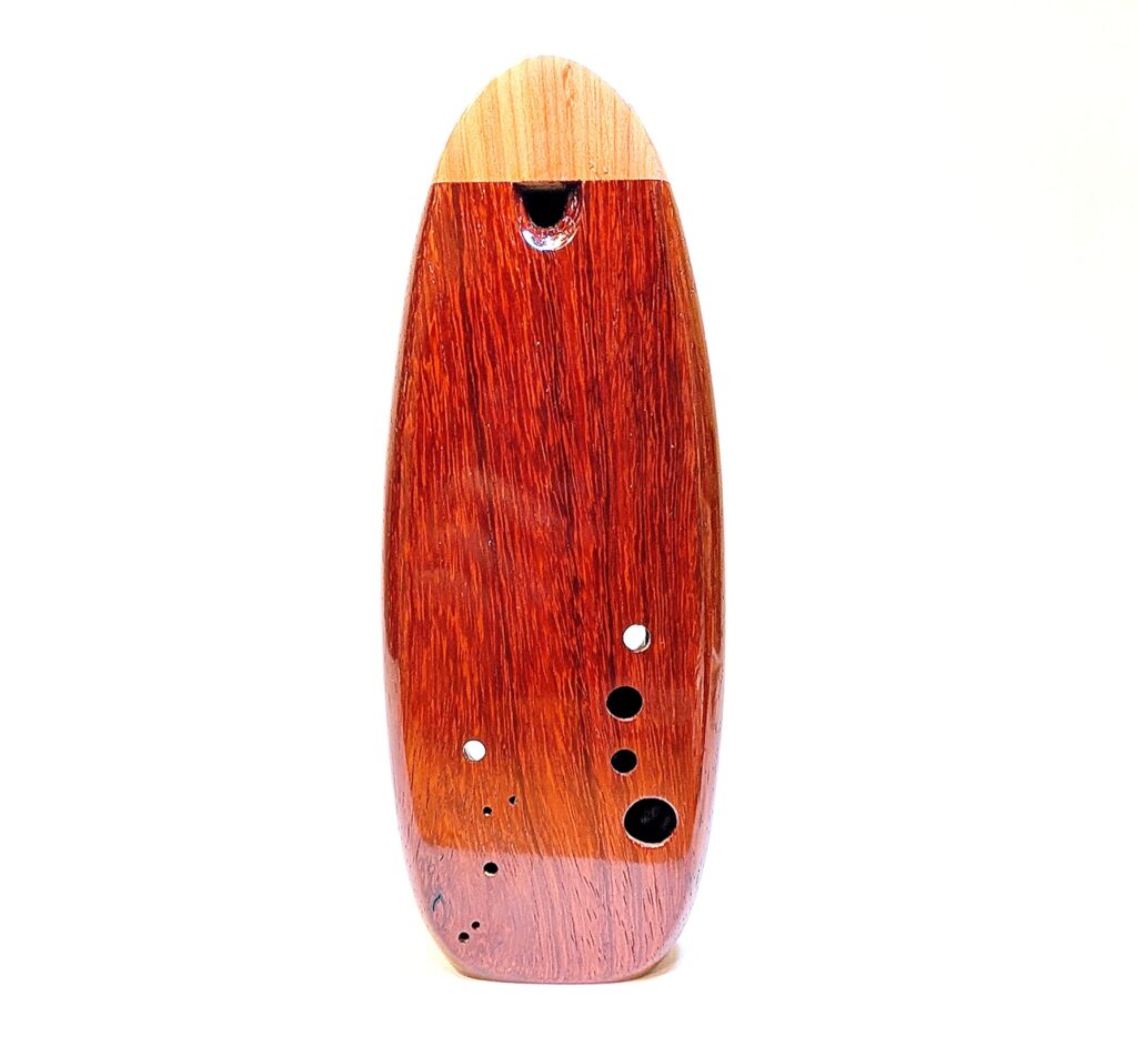 Bass C4 Ocarina - Ribbon Stripe Sapele, Purpleheart, Padauk, Aromatic Cedar - Front