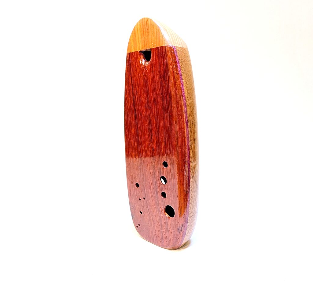 Bass C4 Ocarina - Ribbon Stripe Sapele, Purpleheart, Padauk, Aromatic Cedar - Front 2