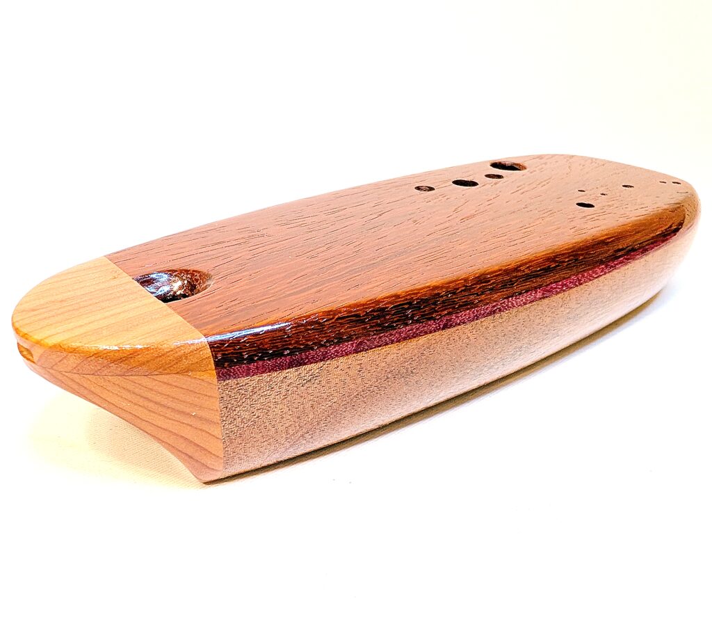 Bass C4 Ocarina - Ribbon Stripe Sapele, Purpleheart, Padauk, Aromatic Cedar - Side 2