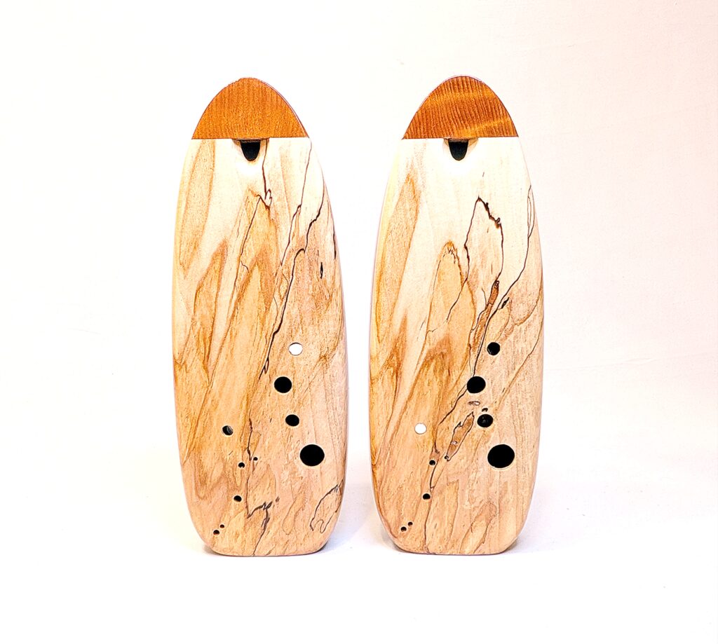 Custom Bass C4 Ocarina Set - Curly Old Growth Redwood, Spalted Ambrosia Maple - Front