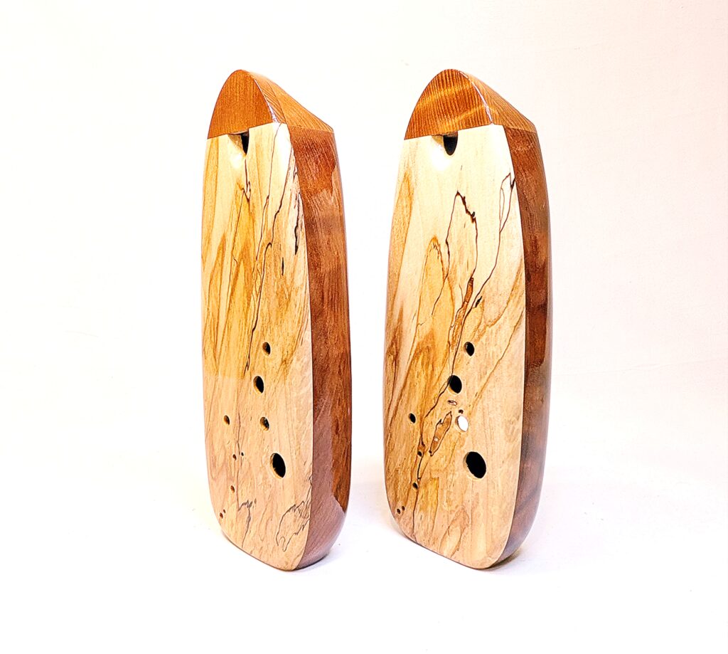 Custom Bass C4 Ocarina Set - Curly Old Growth Redwood, Spalted Ambrosia Maple - Side 1