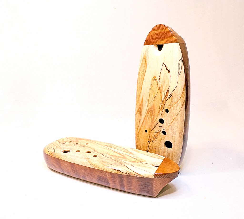 Custom Bass C4 Ocarina Set - Curly Old Growth Redwood, Spalted Ambrosia Maple