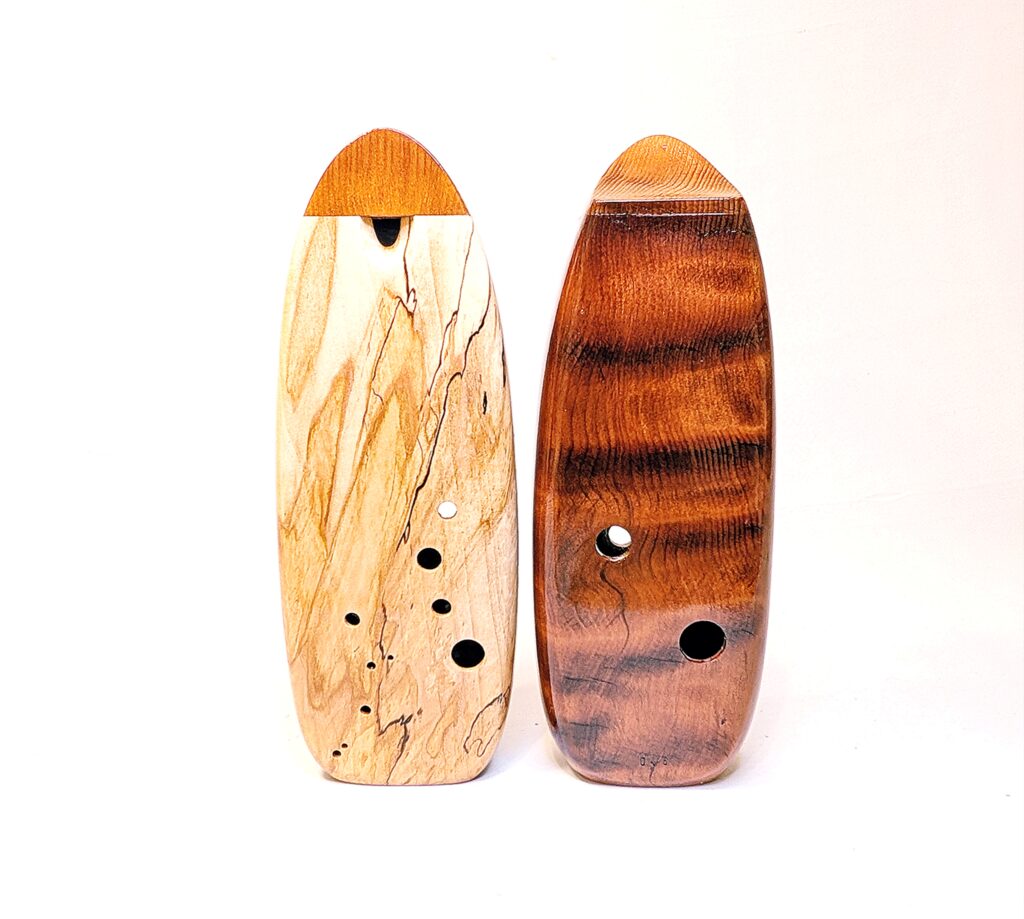 Custom Bass C4 Ocarina Set - Curly Old Growth Redwood, Spalted Ambrosia Maple - Front and Back