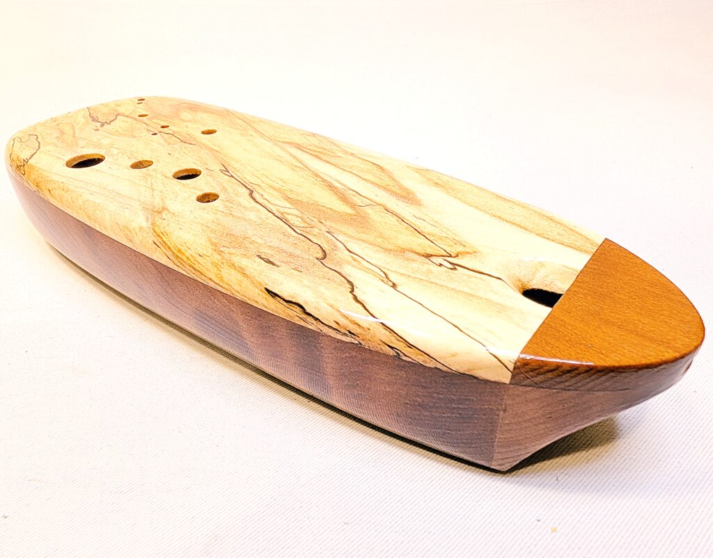 Custom Bass C4 Ocarina Set - Curly Old Growth Redwood, Spalted Ambrosia Maple - Side 3