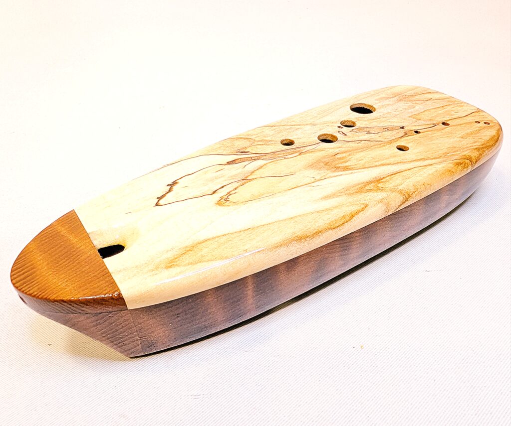 Custom Bass C4 Ocarina Set - Curly Old Growth Redwood, Spalted Ambrosia Maple - Side 4
