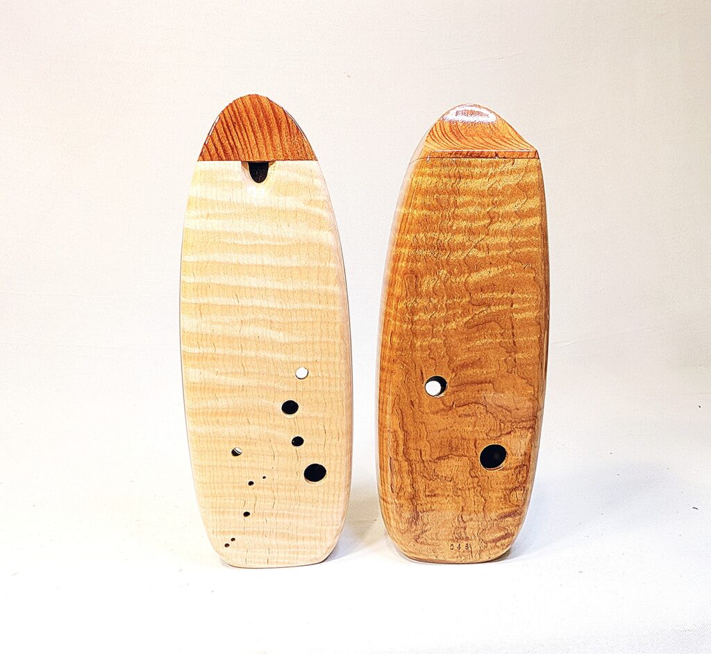 Custom Bass C4 Ocarina Set - Torrified Tiger Maple, Flame Maple, Curly Old Growth Redwood - Front 2