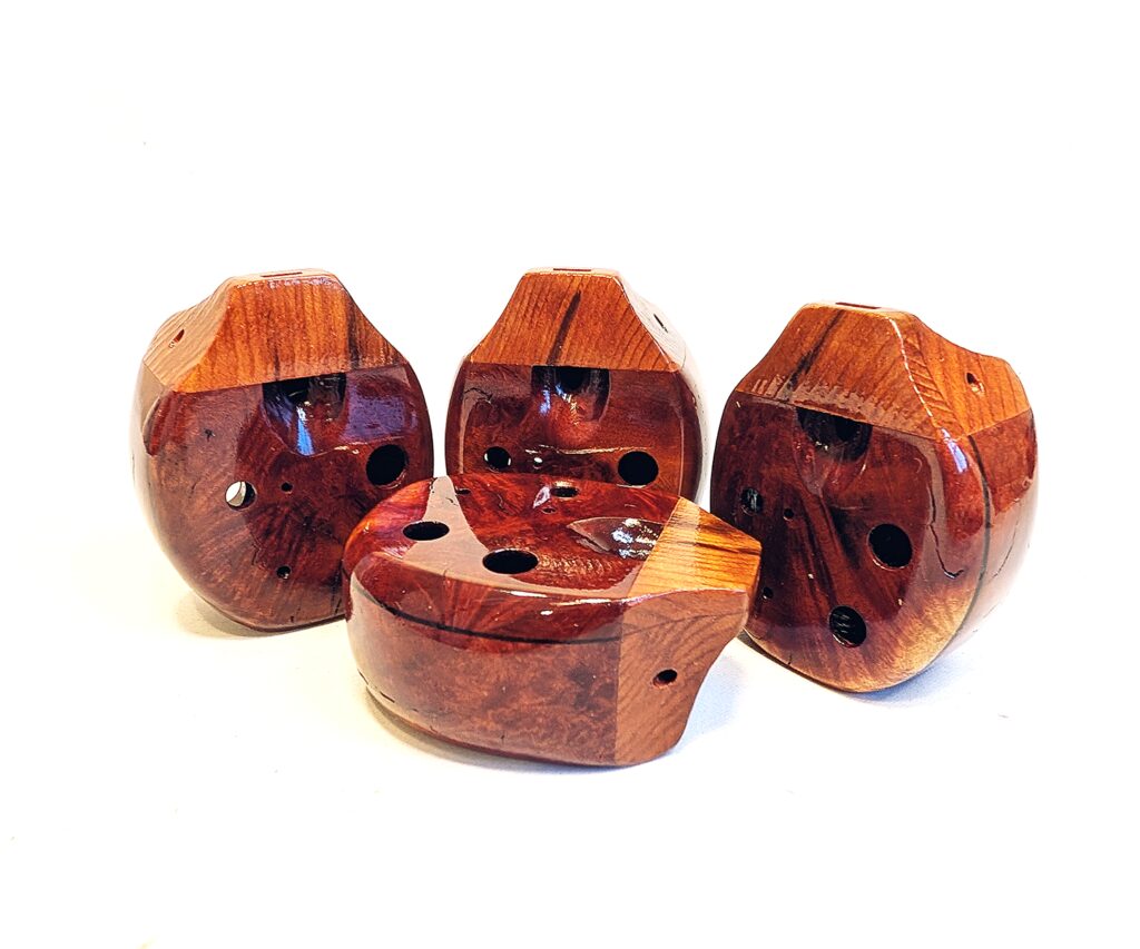 Custom Soprano Eb5 Pendant Ocarina Set - Manzanita Burl, Wenge, Spalted Curly Old Growth Redwood - Side 1