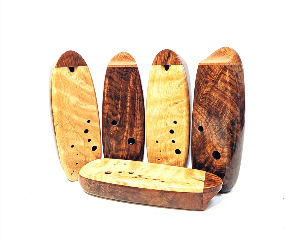 Custom Bass C4 Wooden Inline Ocarina Set - Claro Walnut, Flame Birch, Redwood - 5